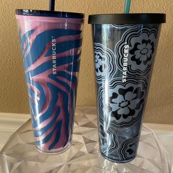 Starbucks Blue Wave Abstract Flower Tumbler Zebra Print Tumbler 24 ounces - Picture 11 of 14